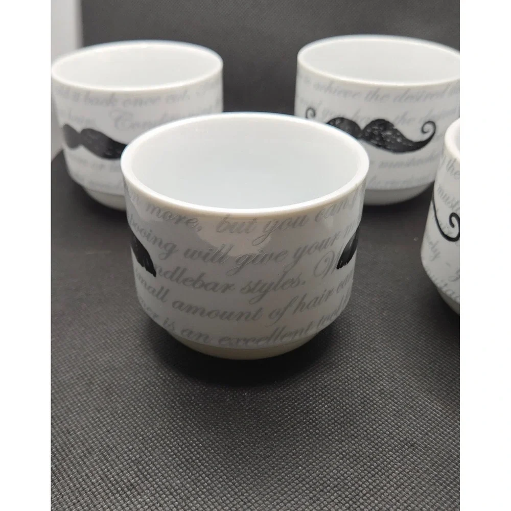 Set of 4 Pier 1 Mustache Ceramic Coffee Mugs White Black Handlebar Chevron Mugs